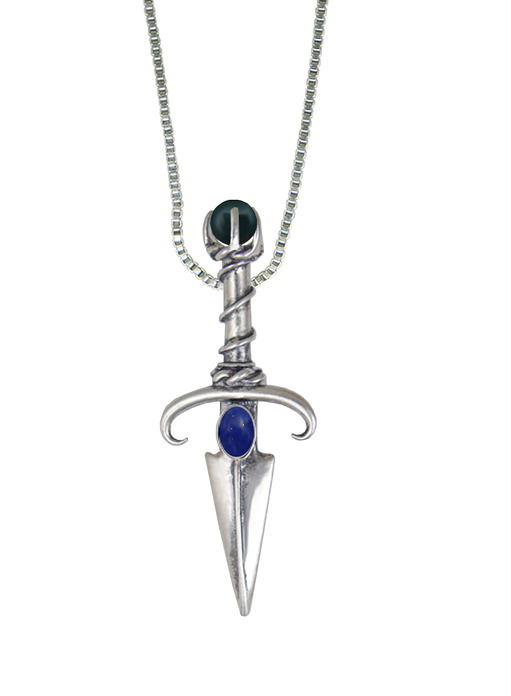 Sterling Silver Black Prince's Knife Dagger Pendant With Lapis Lazuli And Bloodstone